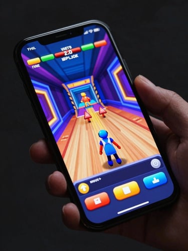 Close-up of an Android phone screen showing a fast-paced arcade game interface at high magnification, vivid UI elements sharp under clinical studio light, device held in one hand against a dark background