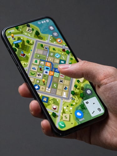 Close-up of a hand swiping an Android phone screen displaying a strategy game map with detailed tile art, sharp interaction moment, studio light reflecting off the glass, dark neutral background