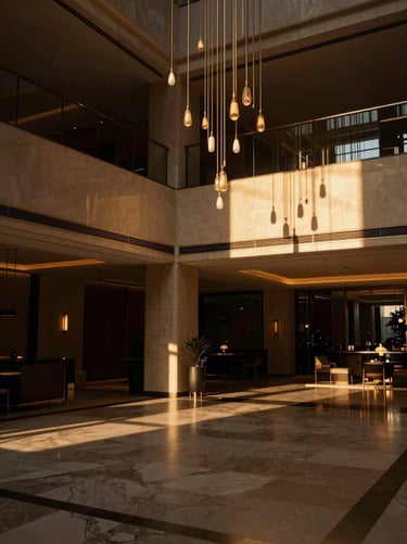 Wide cinematic view of a luxury hotel lobby at golden hour, warm ambient wash combined with delicate decorative pendant light paths, deep shadows