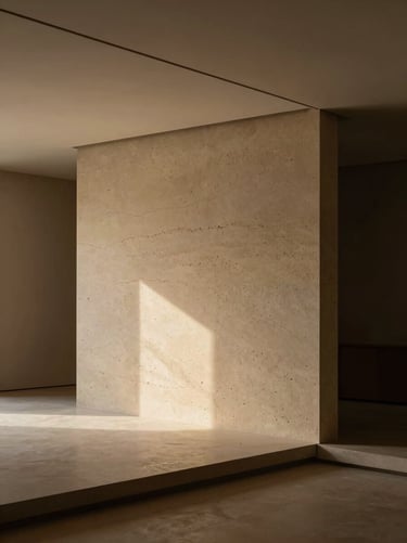 Tight architectural detail of a minimal living room, soft warm light washing a limestone wall from a hidden ceiling cove, elegant chiaroscuro