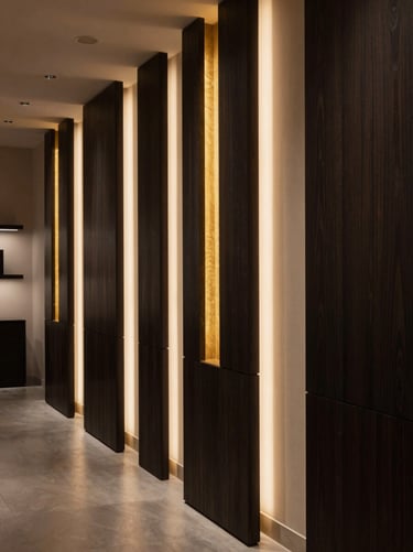 High-contrast architectural photograph of a luxury boutique interior in Pereira, precise narrow beams pinpointing dark wood displays, golden accents