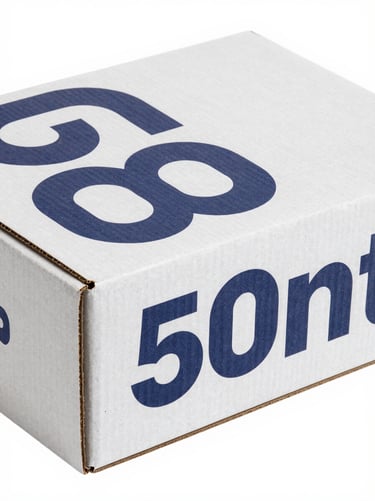 Angled shot of a custom printed corrugated box with sharp navy blue branding graphics, clean white surface, studio light