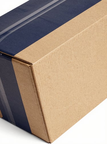 Angled dynamic shot of a massive 7-ply heavy-duty export box, visible fluting detail, high crush resistance, industrial lighting