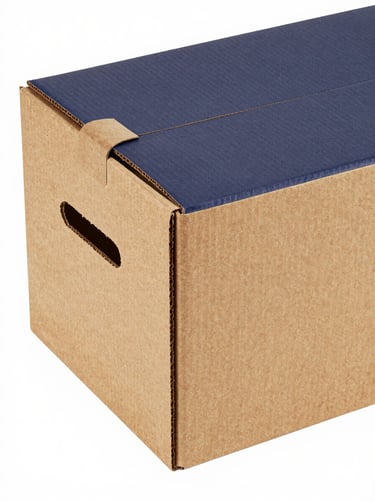 Angled shot of a precision die-cut corrugated mailer box with self-locking tabs, clean edges, warm kraft texture