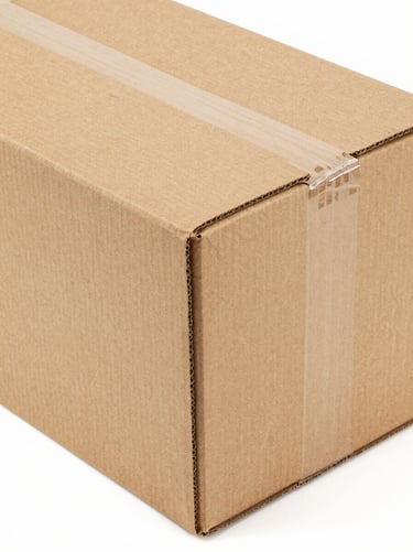 Angled studio shot of a heavy-duty 3-ply kraft corrugated shipping box, crisp shadows, warm tan paper texture, 50mm focus