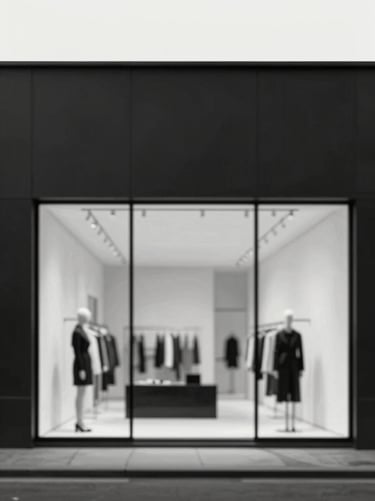 A minimalist black-and-white editorial image of a luxury retail space's exterior facade, with sharp vertical lines. The image is high-contrast, with the shadows being deep charcoal (#111111) and the highlights being warm off-white (#F0EDE8). No distracting elements, pure form.