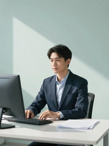 Portrait of an auditor in a minimalist workspace, soft shadows, cool professional aesthetic, 35mm.