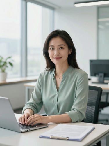 Portrait of a professional female director in a bright modern office, clean desk, soft daylight, sage and slate tones, 35mm.