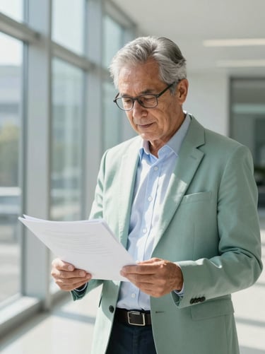 Portrait of a senior tax advisor reviewing documents, bright natural light, professional corporate styling, 35mm.