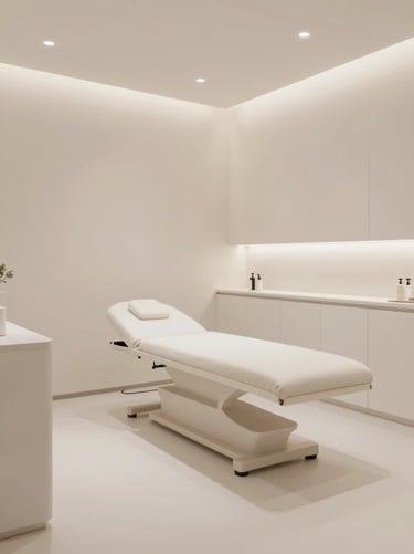 Minimalist interior shot of a beauty studio or clinic, clean lines, high-end materials, soft textures, highlighting the professional environment. Neutral palette #FDFBF7.