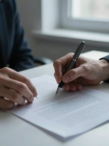 Close-up of hands annotating a printed document on a plain desk under cool north-facing window light, a pen held mid-stroke, sparse workspace, no clutter, Finnish interior atmosphere