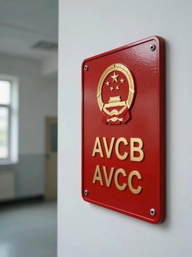 Detail shot of a red AVCB compliance plaque mounted on a white wall in an institutional corridor, cool natural light from the left, sharp focus on the official seal and text