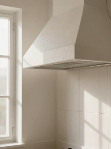 Tight detail of a kitchen corner, integrated plaster range hood, custom white oak cabinets, soft natural window light
