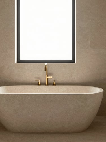 Architectural detail of a minimalist bathroom, freestanding stone tub, brushed nickel fixtures, soft daylight on neutral limestone tiles