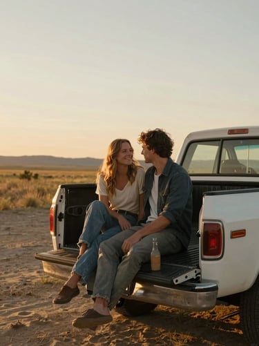 A candid moment of a couple sitting together on the tailgate of a vintage truck in a North American / US rural environment. The lighting is the warm, golden glow of a late summer evening. The scene uses colors of soft sand and warm charcoal, looking like a still from a cinematic film.