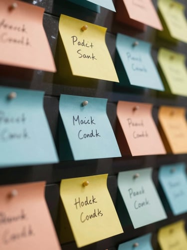 Macro detail shot of colorful sticky notes with handwritten performance metrics on a glass wall, sharp focus, dramatic side lighting, dark background.