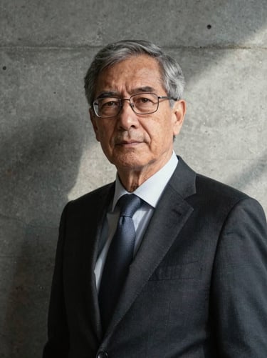 Portrait of a male senior attorney in a dark suit, serious and academic expression, natural side lighting with deep shadows against a raw concrete wall.