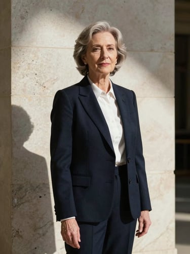 Portrait of a female senior attorney, elegant and authoritative, architectural lighting with deep shadows, travertine stone background.