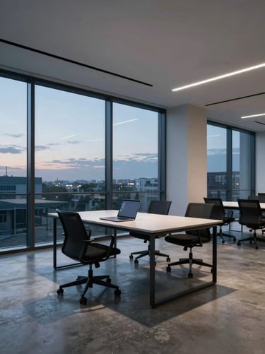 Wide architectural shot of a minimalist office interior at dusk, a single open laptop on a long desk, cool northern daylight through floor-to-ceiling windows, empty chairs, hard shadows across a concrete floor