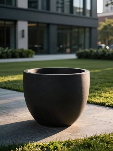 Large weather-resistant charcoal black planter on a manicured corporate terrace, soft golden-hour sun, sharp shadows