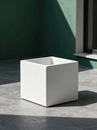 Minimalist white textured square planters in a modern sunlit villa courtyard, casting geometric shadows