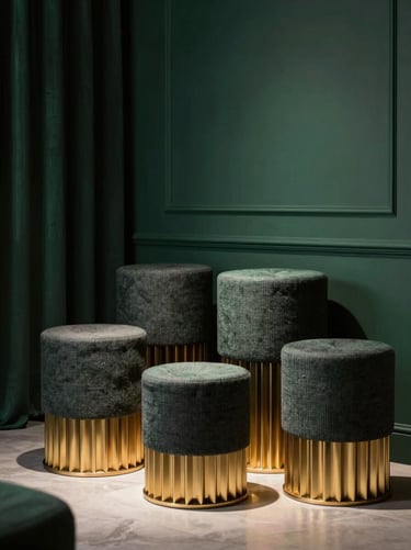 Bespoke fluted gold-accented fiber pots in a high-end boutique interior, soft dramatic spotlighting