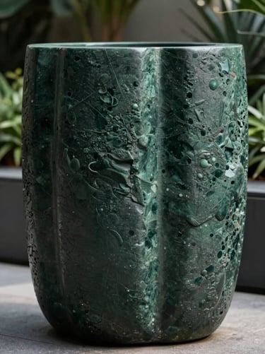 A massive custom-molded organic planter in a modern architectural garden, showing seamless structural joints