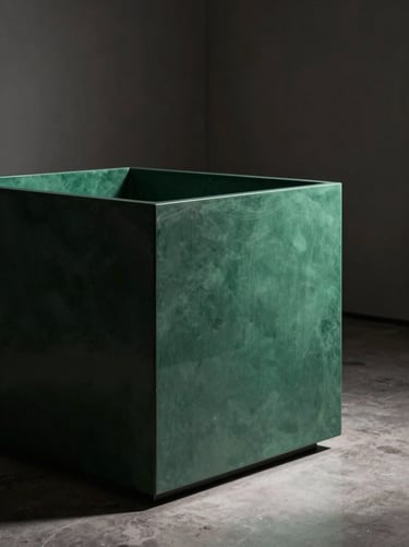 Bespoke structural planter manufactured to exact specifications in a minimalist architectural space, dramatic lighting
