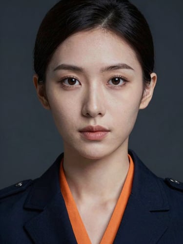 Close-up dramatic portrait of a female crisis negotiator, cool low-key lighting, dark background