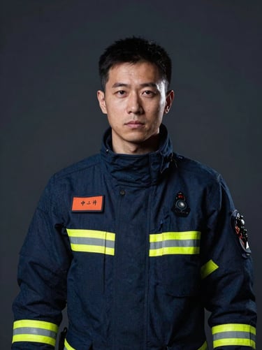 Dramatic portrait of a male disaster response specialist, cool tones, dark slate background