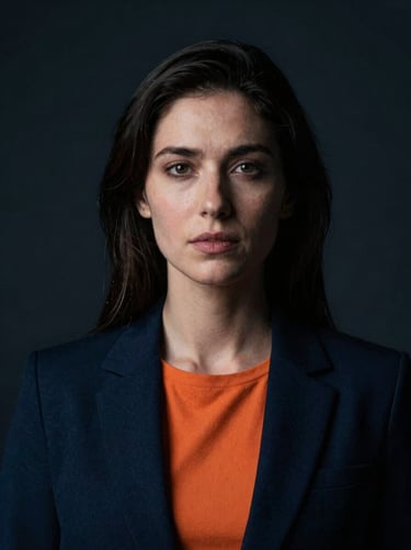Dramatic portrait of a female privacy advocate, sharp artificial highlights, dark background