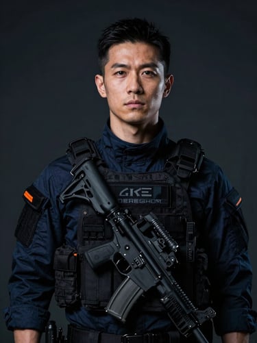 Dramatic portrait of a male tactical medic, sharp artificial highlights, dark background
