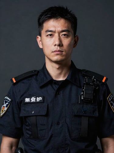 Dramatic portrait of a male private security contractor, cool tones, dark slate background