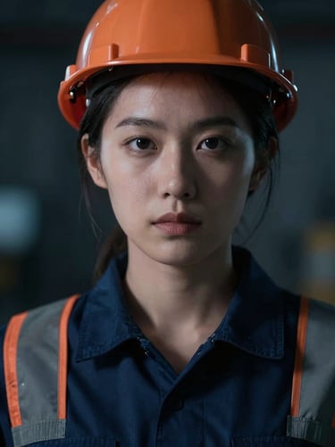 Close-up portrait of a female infrastructure engineer, dramatic low-key lighting, cool navy tones