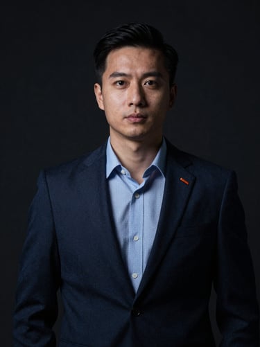 Dramatic portrait of a male supply chain risk analyst, sharp artificial highlights, dark background