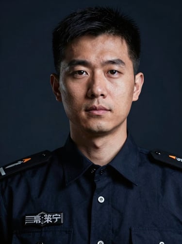 Close-up portrait of a male security auditor, dramatic low-key lighting, cool navy tones