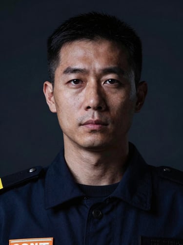 Close-up portrait of a male maritime security expert, dramatic low-key lighting, cool navy tones