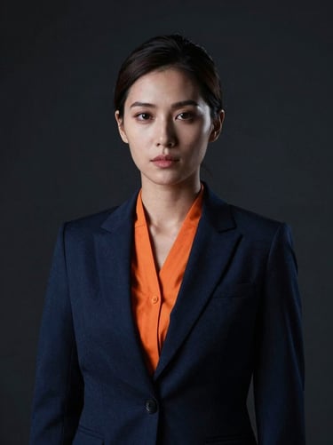 Dramatic portrait of a female crisis manager, sharp artificial highlights, dark background