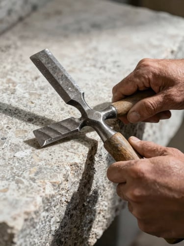 Extreme close-up of weathered hands holding a heavy steel chisel against a rough block of limestone, harsh natural side light casting deep shadows.