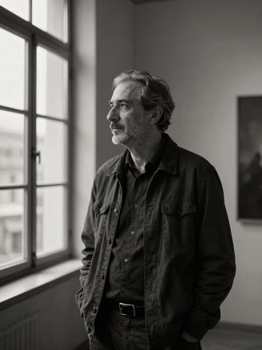 Fine art portrait of photographer Murat Kaya, natural window light, monochrome, gallery aesthetic.