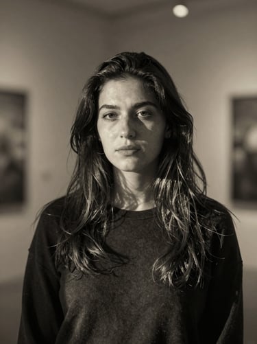 Fine art portrait of photographer Selin Avcı, soft golden hour lighting, monochrome, gallery aesthetic.