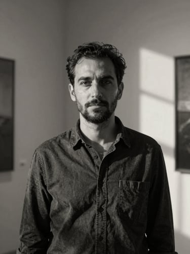 Fine art portrait of photographer Ahmet Şen, dramatic natural light, monochrome, gallery aesthetic.