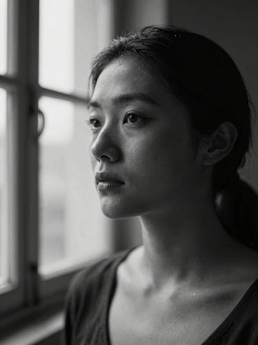 Close-up portrait of a female artist, looking slightly away, dramatic window light, high contrast, black and white