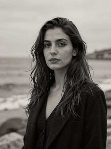 Fine art portrait of photographer Elif Yılmaz, soft overcast coastal light, monochrome, gallery aesthetic.