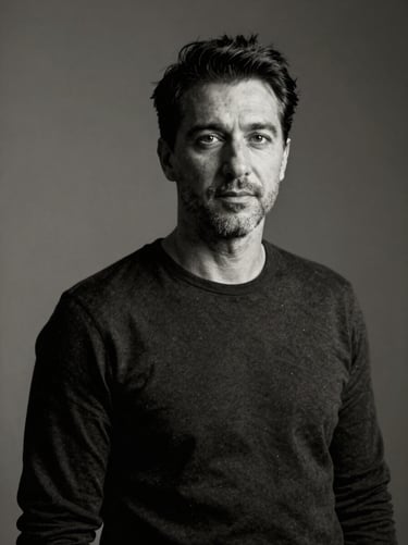 Fine art portrait of photographer Can Artun, high-contrast studio lighting, monochrome, gallery aesthetic.