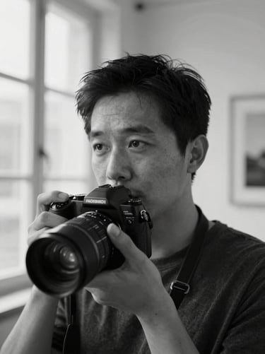 Close-up portrait of a male photographer, thoughtful expression, soft natural light, black and white, gallery aesthetic