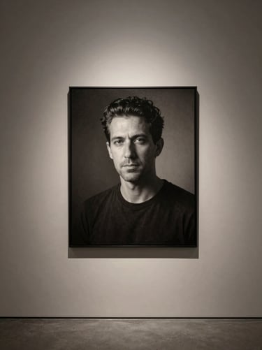 Fine art portrait of photographer Merve Demir, dramatic chiaroscuro lighting, monochrome, gallery aesthetic.