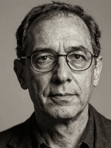 Close-up portrait of a mature male artist with glasses, soft studio lighting, fine art monochrome style