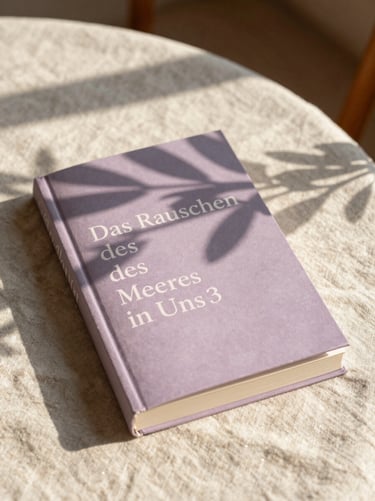 An artistic book cover titled 'Das Rauschen des Meeres in uns' resting on a sun-drenched linen tablecloth, soft olive branch shadows dancing across the pages, warm Mediterranean morning light.