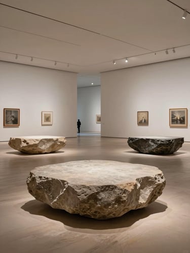 A wide, horizontal view of an art exhibition in a high-end North American gallery. Large-scale stone works are spaced widely apart on a light floor. The atmosphere is quiet, museum-like, and very minimal. Only the art and the architecture are visible, with no people.